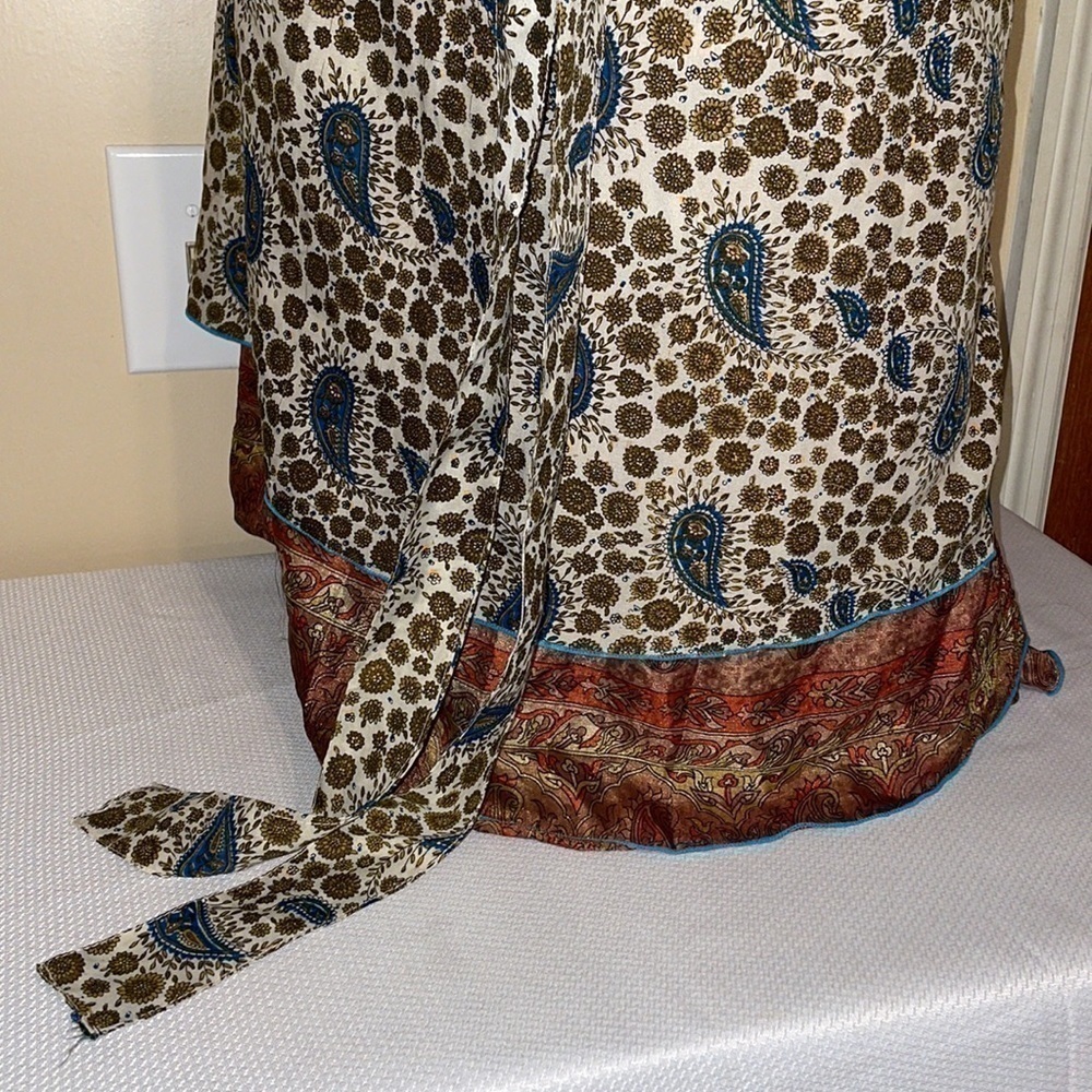 Women wrap skirt large 34 large paisley Silk maxi tie cream brown adjustable - Picture 5 of 9